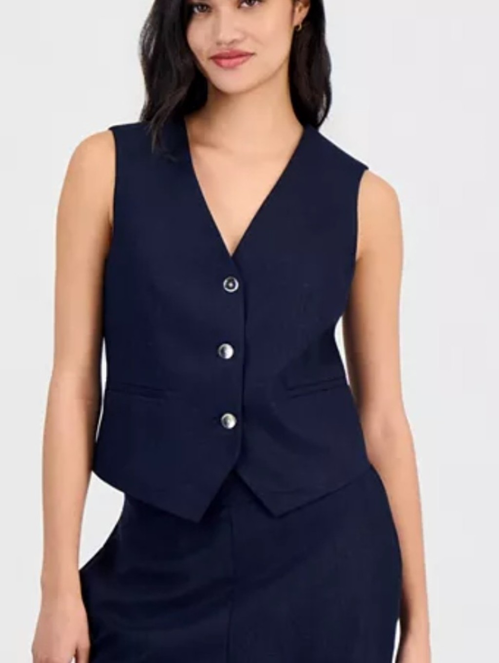Linen Blend Vest V-Neck Button-Front Tailored Navy Blazer Size S
